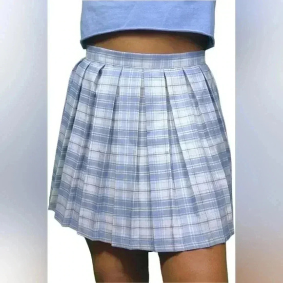CALI 1850 Plaid Pleated Mini Skirt High Waisted School Girl Skater Blue S‎ - Picture 1 of 6